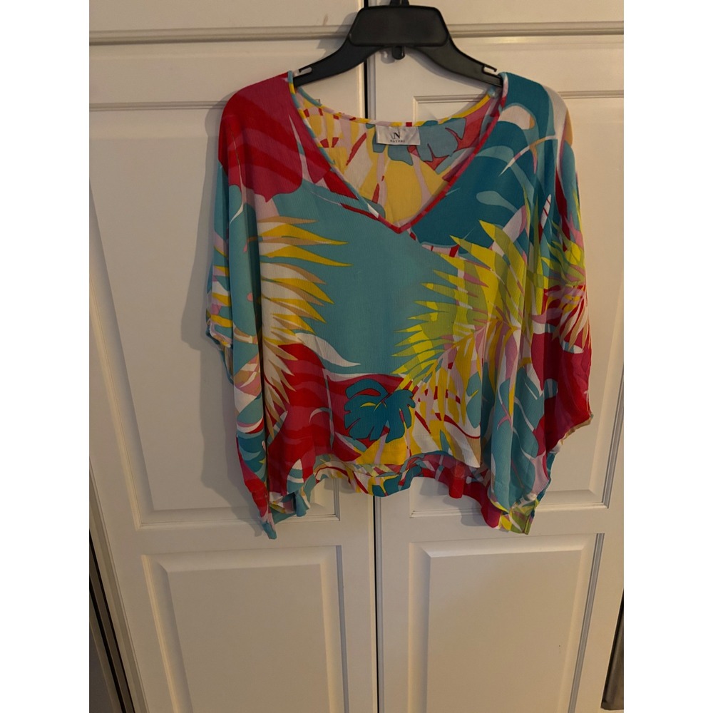Hawthorn Blue V Neck 3/4 Sleeve Laser‎ Cut Detail Blouse Women Large